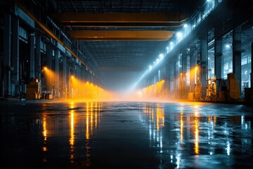Obraz premium A large industrial hall is lit with fog, water, and symmetrical lamps. Show modern engineering, manufacturing or technological advancement.