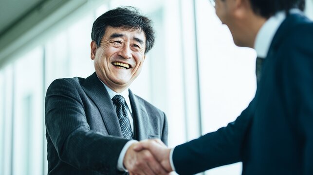 明るいオフィスで顧客と固い握手を交わす50代の日本人ビジネスマン：成功と信頼の瞬間｜ビジネスマン,握手,顧客,オフィス,成功

