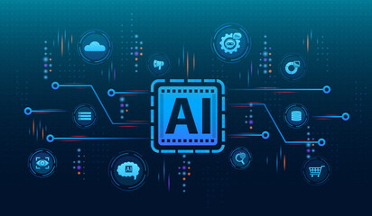 Ai generate concept with icons. AI Powered Search Engines artificial intelligence technology drive digital marketing, workflow, dicision and seo automation. Vector illustration web banner.
