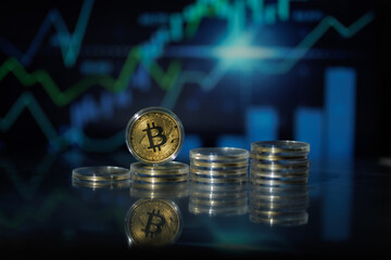 Bitcoin coin with “B” symbol, digital background, and candlestick charts — symbolizing cryptocurrency and virtual income.