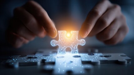 Hands holding a glowing 3D puzzle piece, fitting it into a larger creative business puzzle, solution finding, creative problem-solving in business.