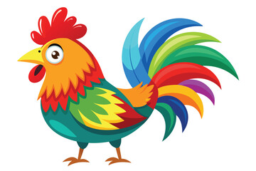 Vibrant Cartoon Rooster Illustration with Colorful Feathers on a White Background