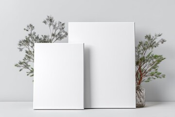 Two blank canvases, different sizes, displayed on a light gray surface with sprigs of greenery