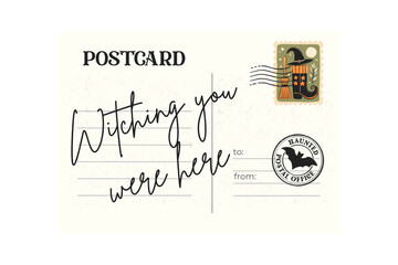 Witching you were here halloween postcard with a vintage stamp and a witch hat and broom isolated on transparent background