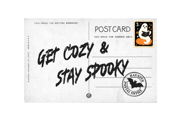 Get cozy and stay spooky halloween postcard with a vintage stamp and a cute ghost reading a book isolated on transparent background