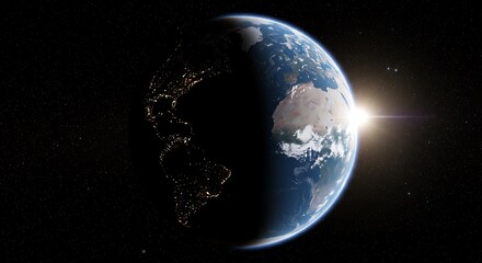 The earth is partially illuminated by a rising sun, revealing continents and city lights against the backdrop of space
