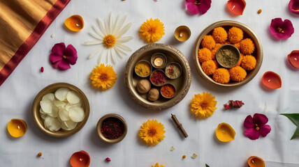 A vibrant diwali arrangement featuring marigold flowers, diyas, and traditional offerings on a white cloth, creating a festive and spiritual atmosphere