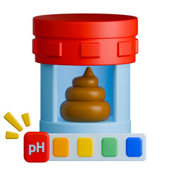 Fecal pH test 3d illustration. Stool sample in container with pH test indicator.