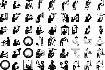 Man Fixing Light Bulb Silhouette – Electrician Repair Icon Home Repair Worker Changing Bulb – Minimal Silhouette Vector Design