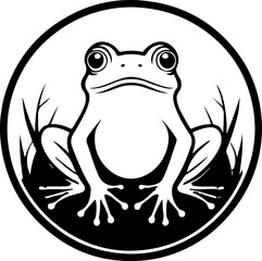 Amphibian Frog Circle Design: A striking black and white circular design featuring a stylized frog with large eyes, seated amidst grass, enclosed in a thick outline.