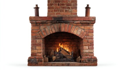 Rustic brick fireplace with burning wood