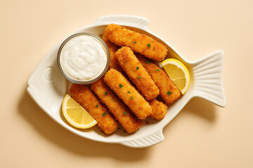 Crispy Fish Sticks with Lemon and Tartar Sauce on fish shape plate