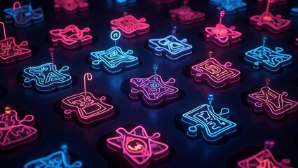 Neon Pink Blue Abstract Puzzle Pieces Dark Background