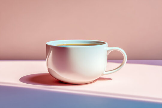 White ceramic cup filled with coffee sits on pastel pink surface, casting soft shadow in natural sunlight, creating calm and minimalist atmosphere