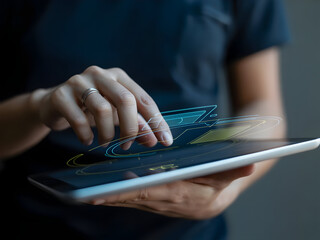 Closeup of fairskinned hands delicately interacting with a digital tablet displaying a vibrant abstract holographic interface featuring teal yellow and white glowing lines