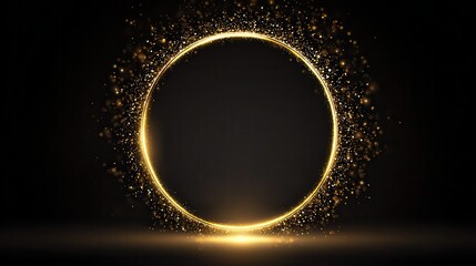 Golden glowing circle frame with glitter sparkle on black background. Realistic vector illustration of neon light round element with gold shiny sparks and reflection. Bright flare.