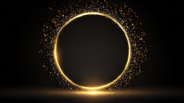 Golden glowing circle frame with glitter sparkle on black background. Realistic vector illustration of neon light round element with gold shiny sparks and reflection. Bright flare.