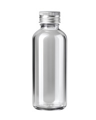 Empty Clear Glass Bottle with Silver Cap Isolated on White