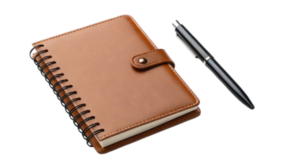Black Pen and Brown Leather Notebook Isolated on White Background for Office and Writing Concepts