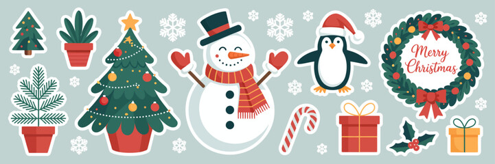 Festive Christmas Sticker Set: A charming ensemble of Christmas stickers. Featuring a snowman, penguin, Christmas tree, wreath, and gifts, all conveying the joy and spirit of the holiday season.