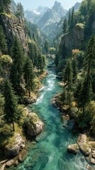 Obraz premium Flowing river amidst towering mountains and lush trees in a vibrant natural landscape