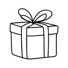 Gift box with ribbon, outline icon. Black illustration, vector. Modern minimal flat design, white background.