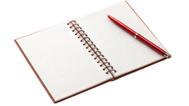 Closeup of Red Pen and Paper Notebook Isolated on White Background for Writing and Creativity