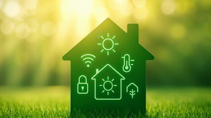 Smart home energy storage. Smart home green house icon technology glowing warmly with energy saving security temperature control outdoor sunlight background - Powered by Adobe
