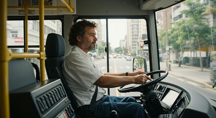 Driving Bus on City Street Public Transportation