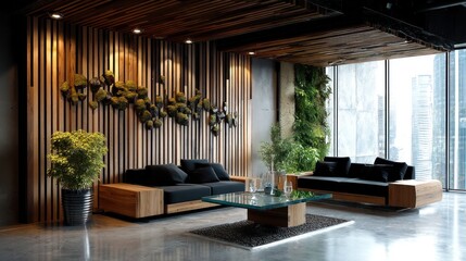 Fototapeta premium Modern living room with wooden accents and a living wall.
