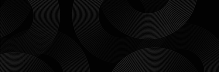 Black abstract background with circle lines. Modern black gray gradient rings. Suitable for banner, cover, poster, website, presentation, brochure, flyer, header