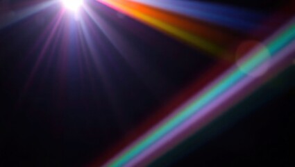 Blurred rainbow refraction overlay effect. Light lens prism effect on black background. Holographic reflection, crystal flare leak shadow overlay. Colorful rainbow disco ball light