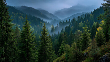 Fototapeta premium Mystical Forest Landscape: An awe-inspiring vista of a lush, verdant forest draped in a tranquil, ethereal mist. The image showcases the majestic, layered hills beneath an overcast, moody sky.