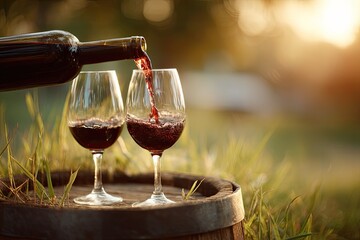 Red wine being poured into two glasses, outdoors, on a wooden barrel.  Sunlight highlights the scene