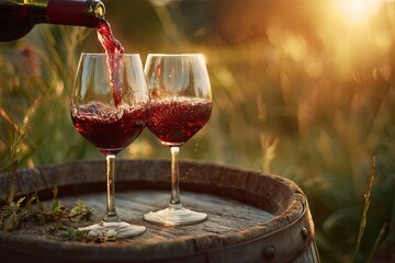Red wine being poured into two glasses on a wooden barrel outdoors, bathed in warm sunlight