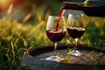 Red wine being poured into two glasses outdoors,  rustic setting.  Sunlight bathes the scene