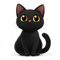 Black cat with bright eyes sits adorably on a white background, showcasing its playful and curious nature