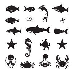 Aquatic icons showcase a marine life collection with fish, sharks, crabs, and more sea creatures.