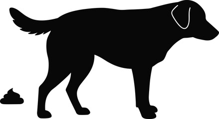 Dog Standing Near Waste, Pet Poop Silhouette, Responsible Ownership Graphic, Animal Care Illustration, Clean Environment Symbol, Black and White VectorDog Standing Near Waste, Pet Poop Silhouette