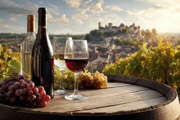 Wine bottles, glasses, and grapes on a wooden barrel overlooking a picturesque village