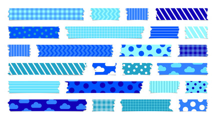 Blue washi tape set with various decorative patterns such as dots, grids, straight and wavy lines, and cloud illustrations. Perfect for calm, dreamy designs and journaling.