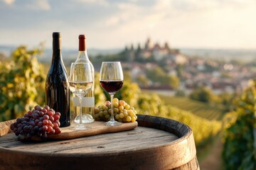 Wine bottles and glasses on a wooden barrel amidst vineyards, overlooking a village at sunset