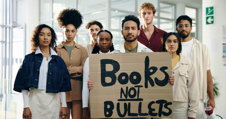 Protest, poster and awareness with portrait of students for school shooting, support and justice....