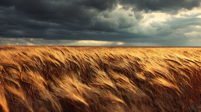 Field of golden wheat swaying wind under dramatic stormy sky cinematic lighting sunlight breaking through clouds rich agricultural landscape perfect farming rural economy and natural cycles visuals
