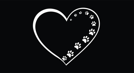 Heart Silhouette with Paw Prints, Pet Love Illustration, Animal Care Symbol, Black and White Graphic, Dog and Cat Vector DesignHeart Silhouette with Paw Prints