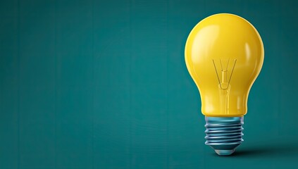 A bright, glossy yellow lightbulb stands against a teal background