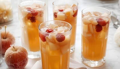 Four Glasses of Apple Cider Garnished with Fruit