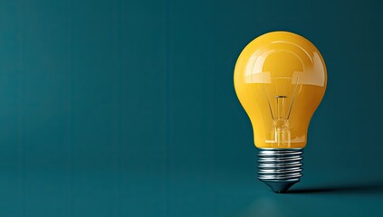 A single, vibrant yellow lightbulb rests on a teal-blue background.  The bulb is glossy and well-lit, emphasizing its incandescent quality.  The metallic base is subtly detailed