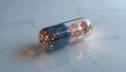 Futuristic Circuit Capsule Glowing on White Surface
