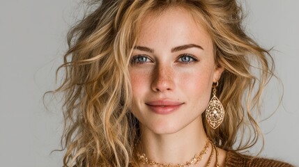 Young woman with curly hair and earrings posing for a close-up portrait in a neutral background during daylight